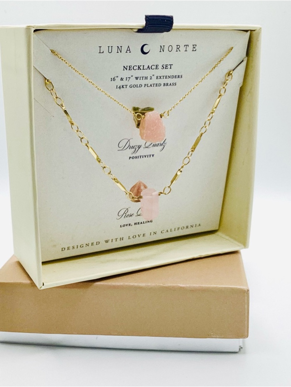 Luna Norte Pink Rose & Druzy Quartz Gold-Plated Necklace Set - Picture 5 of 7